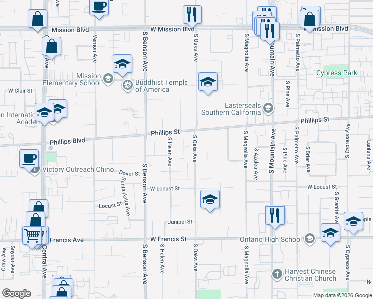 map of restaurants, bars, coffee shops, grocery stores, and more near 1459 West Quince Street in Ontario