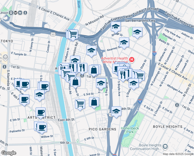 map of restaurants, bars, coffee shops, grocery stores, and more near 114 South Clarence Street in Los Angeles