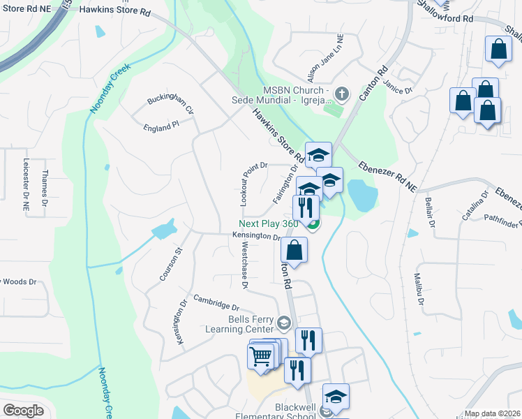 map of restaurants, bars, coffee shops, grocery stores, and more near 3945 Fairington Drive in Marietta