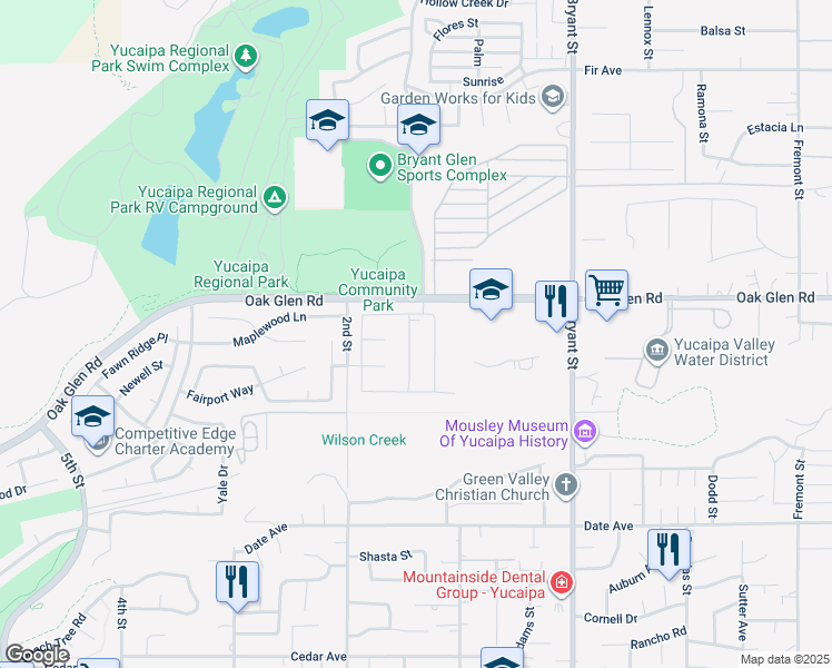 map of restaurants, bars, coffee shops, grocery stores, and more near 11383 Pinon Trail in Yucaipa
