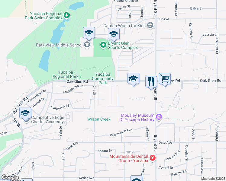 map of restaurants, bars, coffee shops, grocery stores, and more near 11383 Pinon Trail in Yucaipa