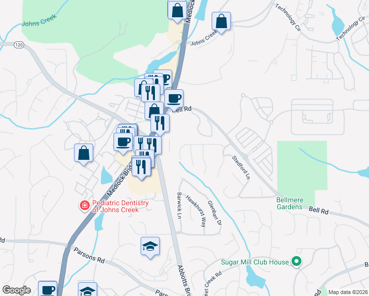 map of restaurants, bars, coffee shops, grocery stores, and more near 415 Fairford Lane in Duluth