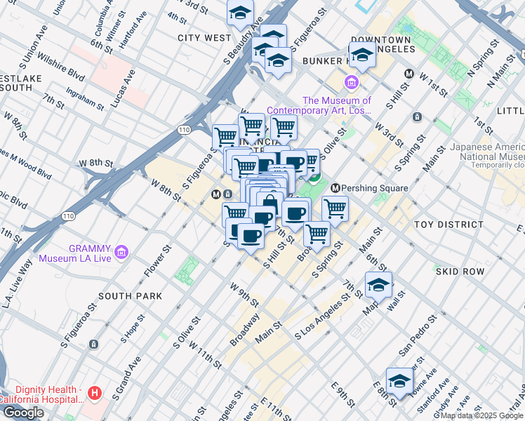 map of restaurants, bars, coffee shops, grocery stores, and more near 417 West 7th Street in Los Angeles
