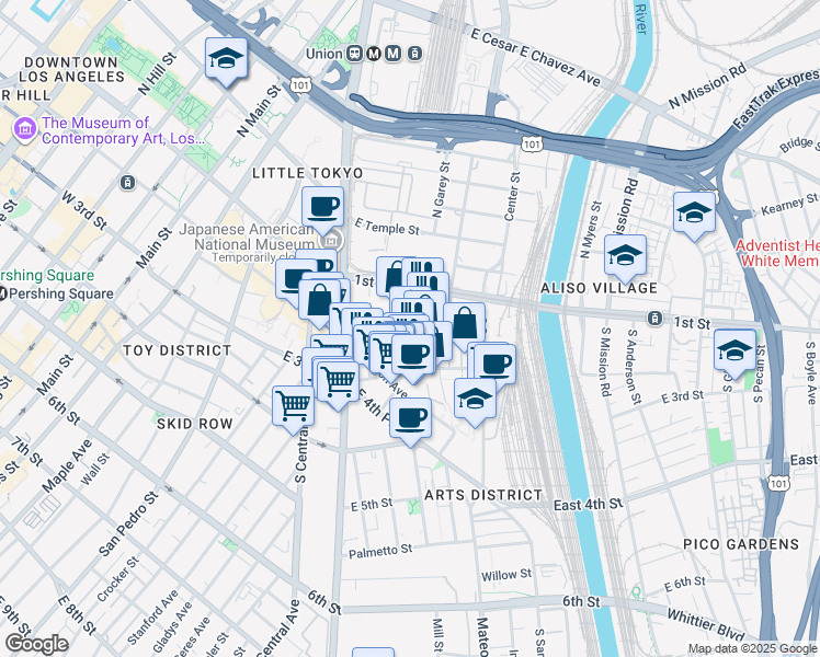 map of restaurants, bars, coffee shops, grocery stores, and more near 222 South Hewitt Street in Los Angeles