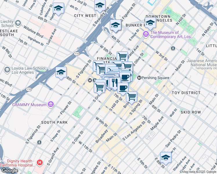 map of restaurants, bars, coffee shops, grocery stores, and more near 417 West 7th Street in Los Angeles