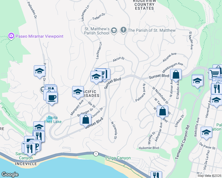 map of restaurants, bars, coffee shops, grocery stores, and more near 636 Baylor Street in Los Angeles