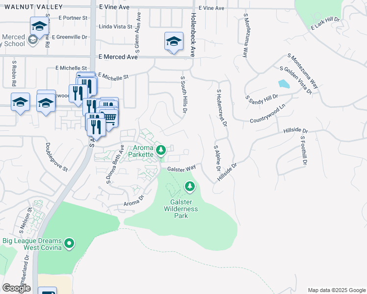 map of restaurants, bars, coffee shops, grocery stores, and more near 1511 Channel Islands Way in West Covina