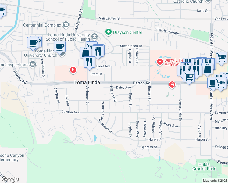 map of restaurants, bars, coffee shops, grocery stores, and more near 11355 Hillcrest Street in Loma Linda