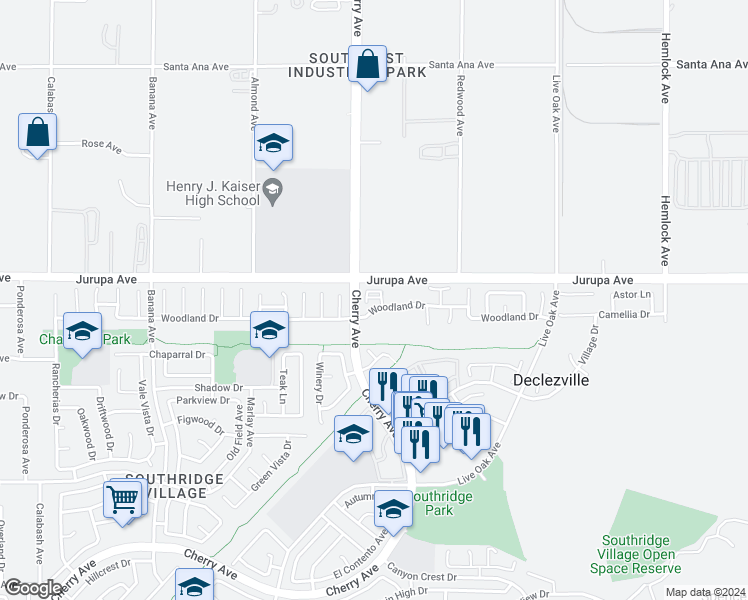 map of restaurants, bars, coffee shops, grocery stores, and more near in Fontana