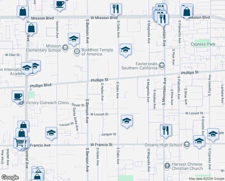map of restaurants, bars, coffee shops, grocery stores, and more near 1459 West Quince Street in Ontario