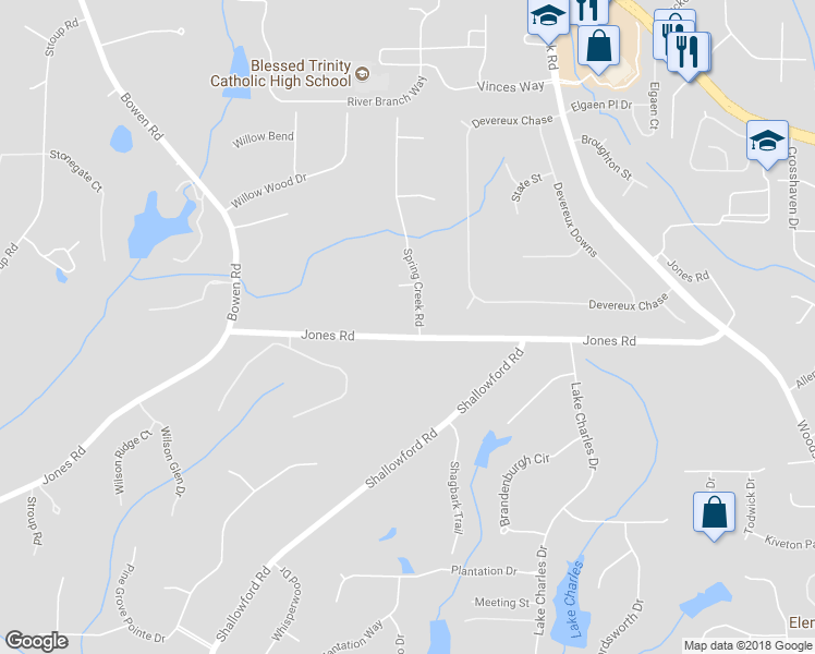 map of restaurants, bars, coffee shops, grocery stores, and more near 200 Spring Creek Road in Roswell