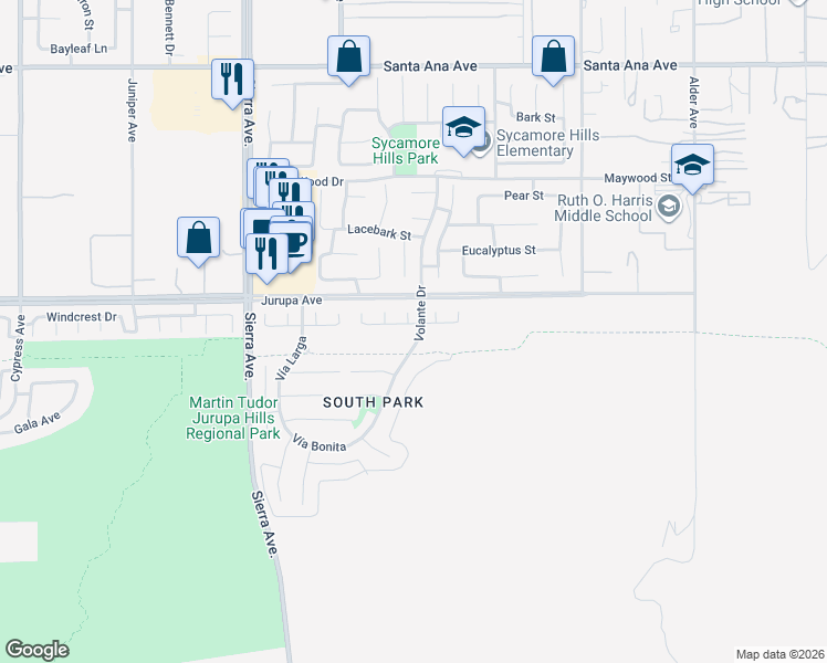 map of restaurants, bars, coffee shops, grocery stores, and more near 17209 Avenue Del Sol in Fontana