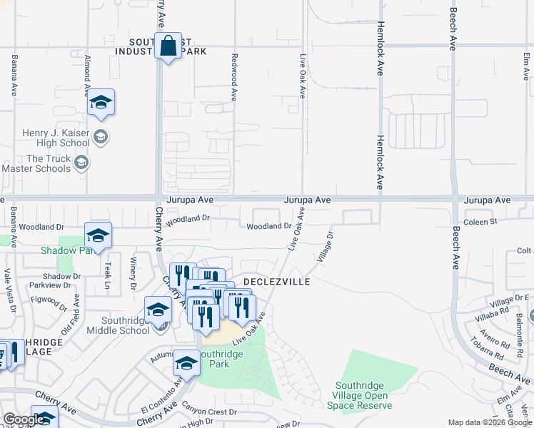 map of restaurants, bars, coffee shops, grocery stores, and more near 11321 Sherwood Court in Fontana