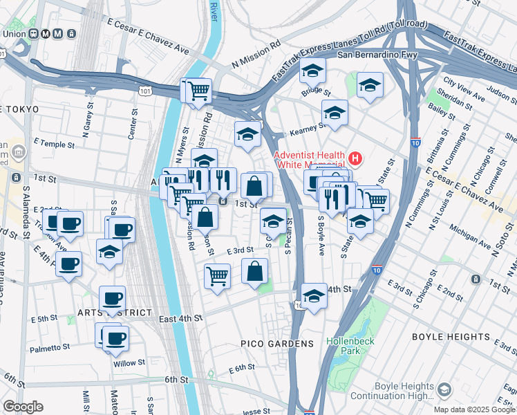 map of restaurants, bars, coffee shops, grocery stores, and more near 114 South Clarence Street in Los Angeles