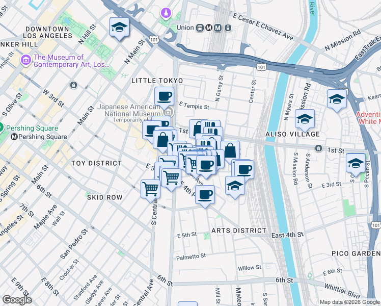 map of restaurants, bars, coffee shops, grocery stores, and more near 222 South Hewitt Street in Los Angeles