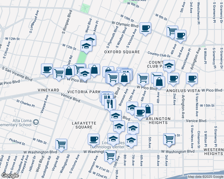 map of restaurants, bars, coffee shops, grocery stores, and more near 1329 Crenshaw Boulevard in Los Angeles