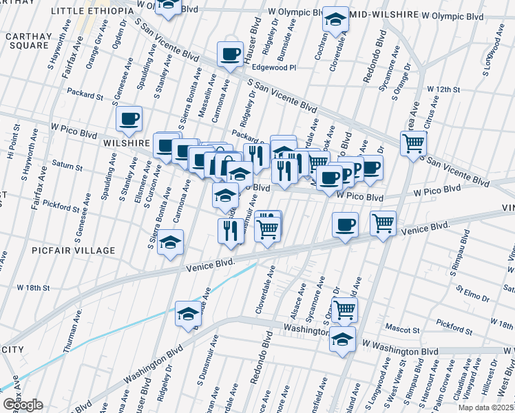 map of restaurants, bars, coffee shops, grocery stores, and more near 1445 South Dunsmuir Avenue in Los Angeles