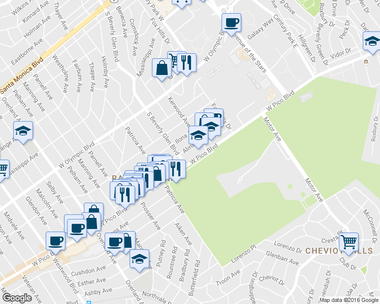 map of restaurants, bars, coffee shops, grocery stores, and more near in Los Angeles