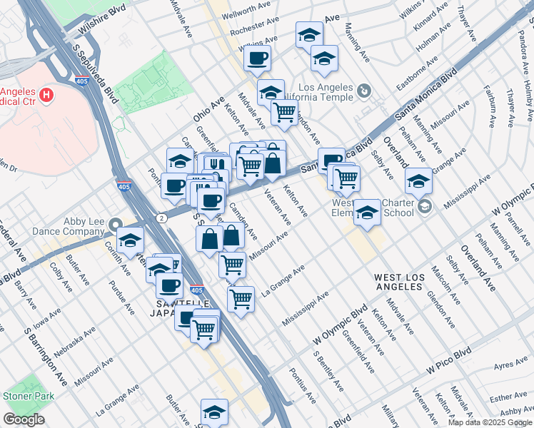 map of restaurants, bars, coffee shops, grocery stores, and more near 1857 Greenfield Avenue in Los Angeles