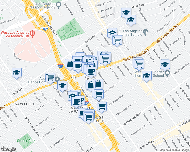 map of restaurants, bars, coffee shops, grocery stores, and more near 1727 South Bentley Avenue in Los Angeles