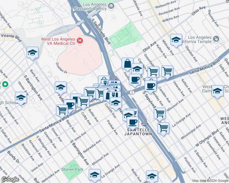 map of restaurants, bars, coffee shops, grocery stores, and more near 11261 Santa Monica Boulevard in Los Angeles