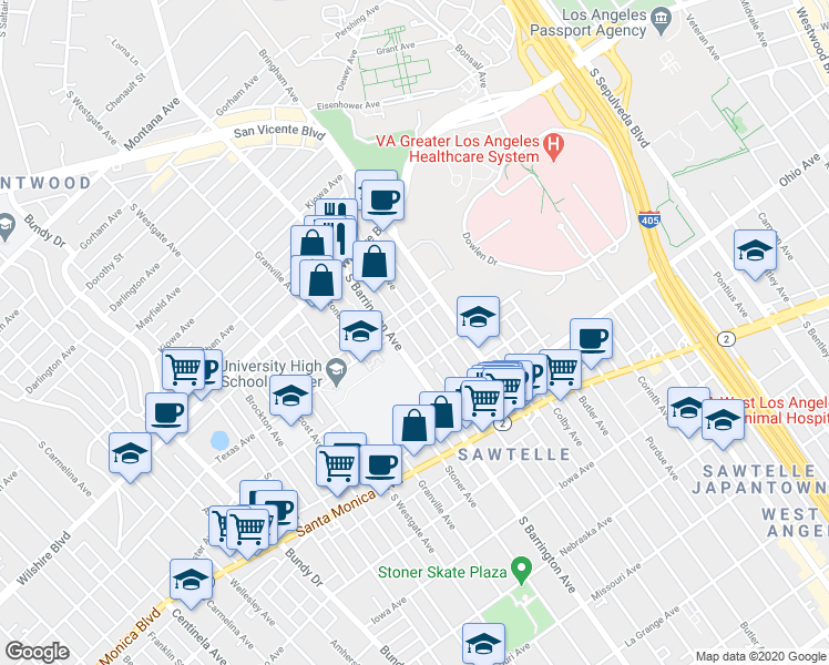 map of restaurants, bars, coffee shops, grocery stores, and more near 1323 Barry Avenue in Los Angeles