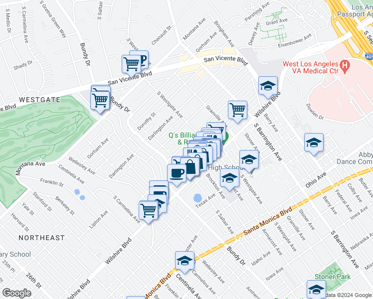map of restaurants, bars, coffee shops, grocery stores, and more near 11964 Kiowa Avenue in Los Angeles