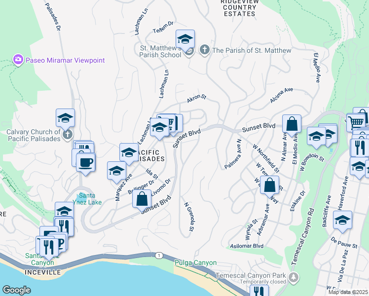 map of restaurants, bars, coffee shops, grocery stores, and more near 627 Baylor Street in Los Angeles