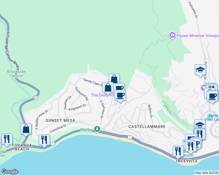 map of restaurants, bars, coffee shops, grocery stores, and more near 376 South Surfview Drive in Los Angeles