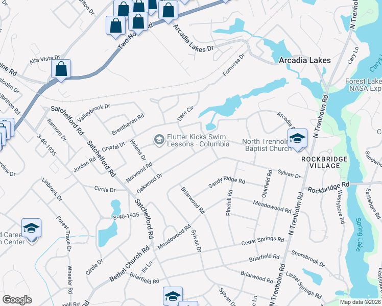 map of restaurants, bars, coffee shops, grocery stores, and more near 4643 Oakwood Drive in Columbia