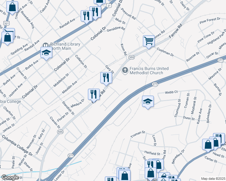 map of restaurants, bars, coffee shops, grocery stores, and more near 101 Cardamon Court in Columbia