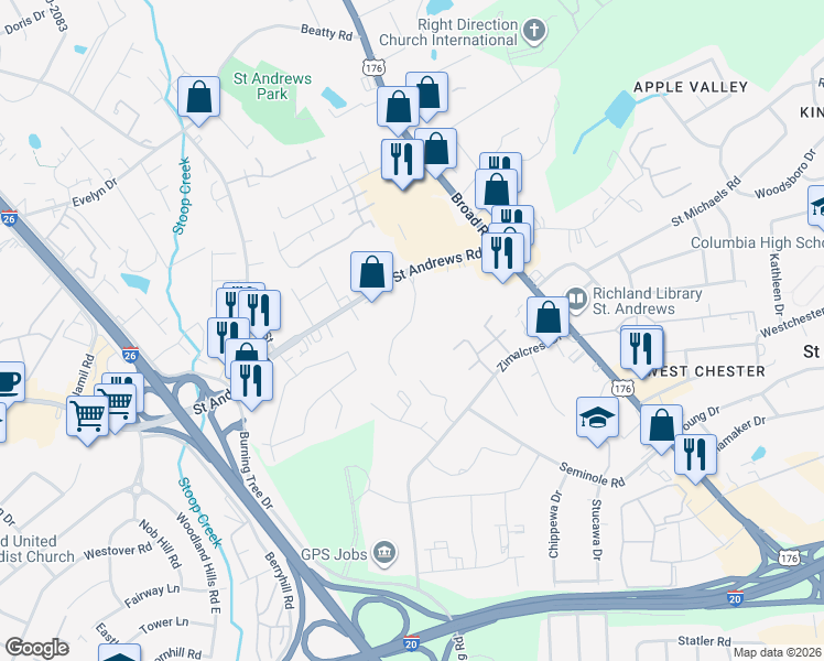 map of restaurants, bars, coffee shops, grocery stores, and more near 1200 Saint Andrews Road in Columbia