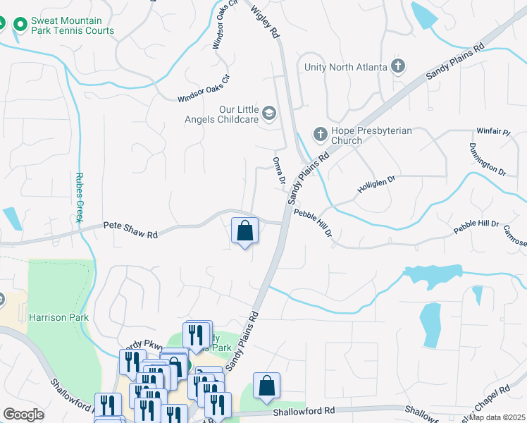 map of restaurants, bars, coffee shops, grocery stores, and more near 3299 Pete Shaw Road in Marietta