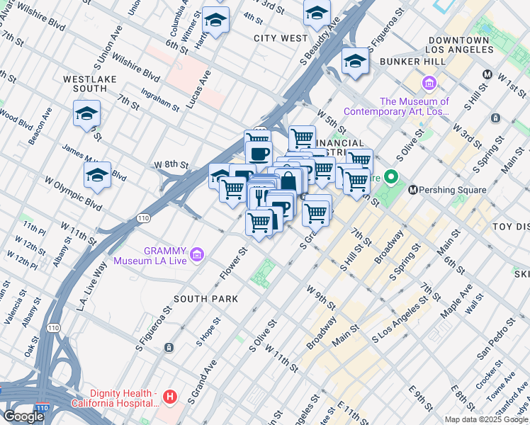 map of restaurants, bars, coffee shops, grocery stores, and more near 800 Flower Street in Los Angeles