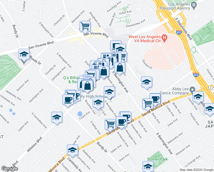 map of restaurants, bars, coffee shops, grocery stores, and more near 11750 Wilshire Boulevard in Los Angeles