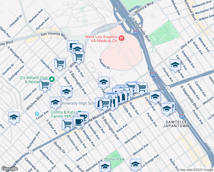 map of restaurants, bars, coffee shops, grocery stores, and more near 1415 Colby Avenue in Los Angeles