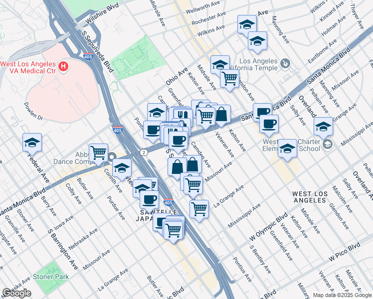 map of restaurants, bars, coffee shops, grocery stores, and more near 1726 South Bentley Avenue in Los Angeles