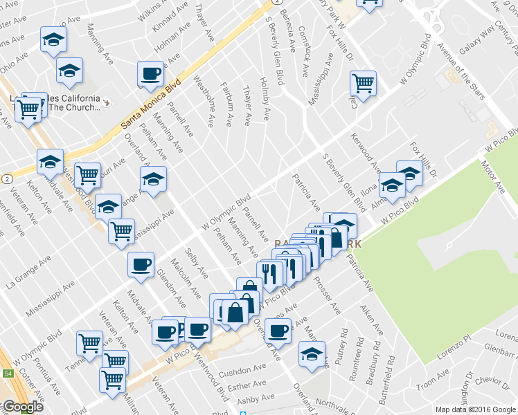 map of restaurants, bars, coffee shops, grocery stores, and more near 2215 Prosser Avenue in Los Angeles