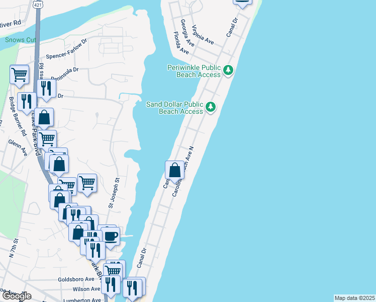 map of restaurants, bars, coffee shops, grocery stores, and more near 1019 Carolina Beach Avenue North in Carolina Beach
