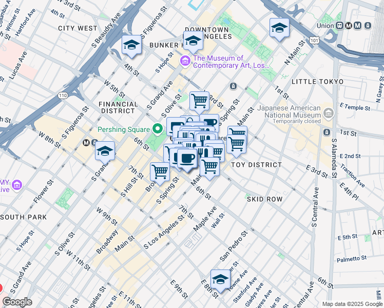 map of restaurants, bars, coffee shops, grocery stores, and more near 546 South Spring Street in Los Angeles
