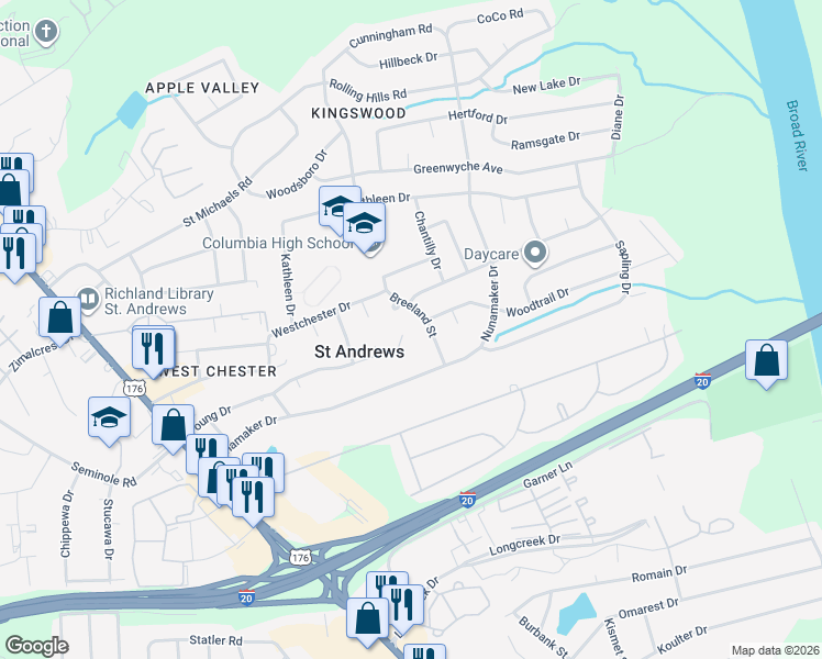 map of restaurants, bars, coffee shops, grocery stores, and more near 228 Saint Andrews Place Drive in Columbia