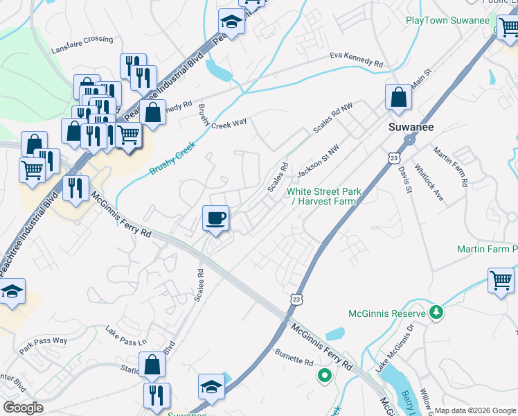 map of restaurants, bars, coffee shops, grocery stores, and more near 878 Scales Road Northwest in Suwanee