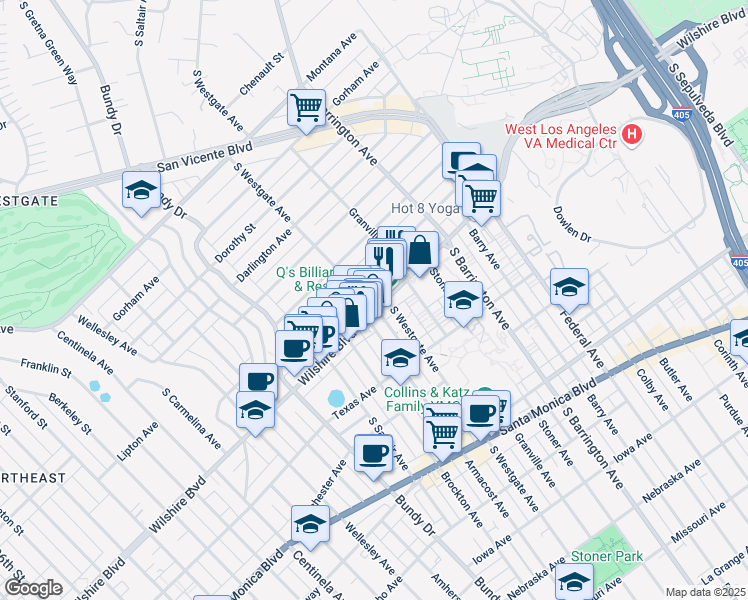 map of restaurants, bars, coffee shops, grocery stores, and more near 11925 Wilshire Boulevard in Los Angeles