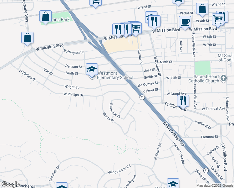 map of restaurants, bars, coffee shops, grocery stores, and more near 1728 West Phillips Drive in Pomona