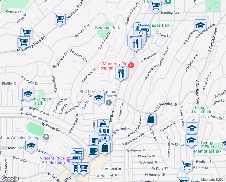 map of restaurants, bars, coffee shops, grocery stores, and more near 1301 South Atlantic Boulevard in Monterey Park