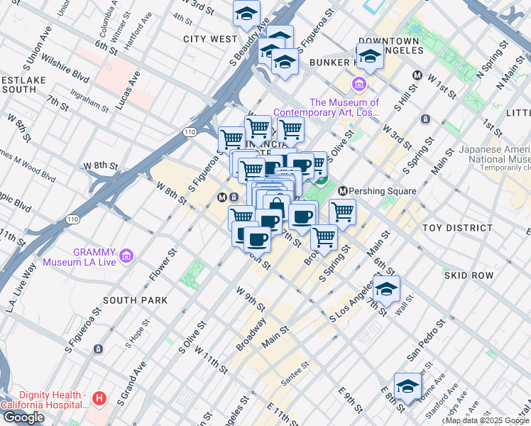 map of restaurants, bars, coffee shops, grocery stores, and more near 417 West 7th Street in Los Angeles