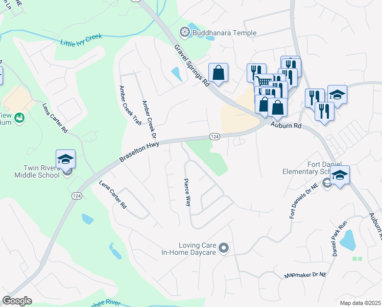 map of restaurants, bars, coffee shops, grocery stores, and more near 1959 Johns Place Court Northeast in Buford
