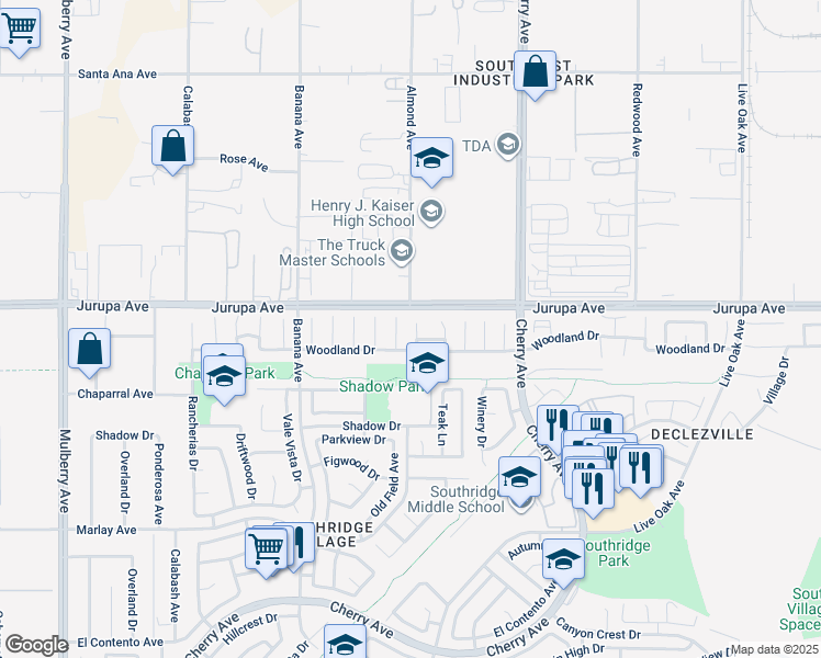 map of restaurants, bars, coffee shops, grocery stores, and more near 11346 Oak Knoll Drive in Fontana