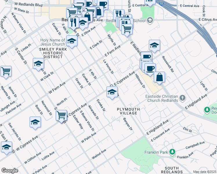 map of restaurants, bars, coffee shops, grocery stores, and more near 12 West Cypress Avenue in Redlands