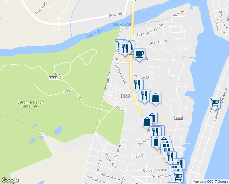 map of restaurants, bars, coffee shops, grocery stores, and more near 900 Blanche Avenue in Carolina Beach